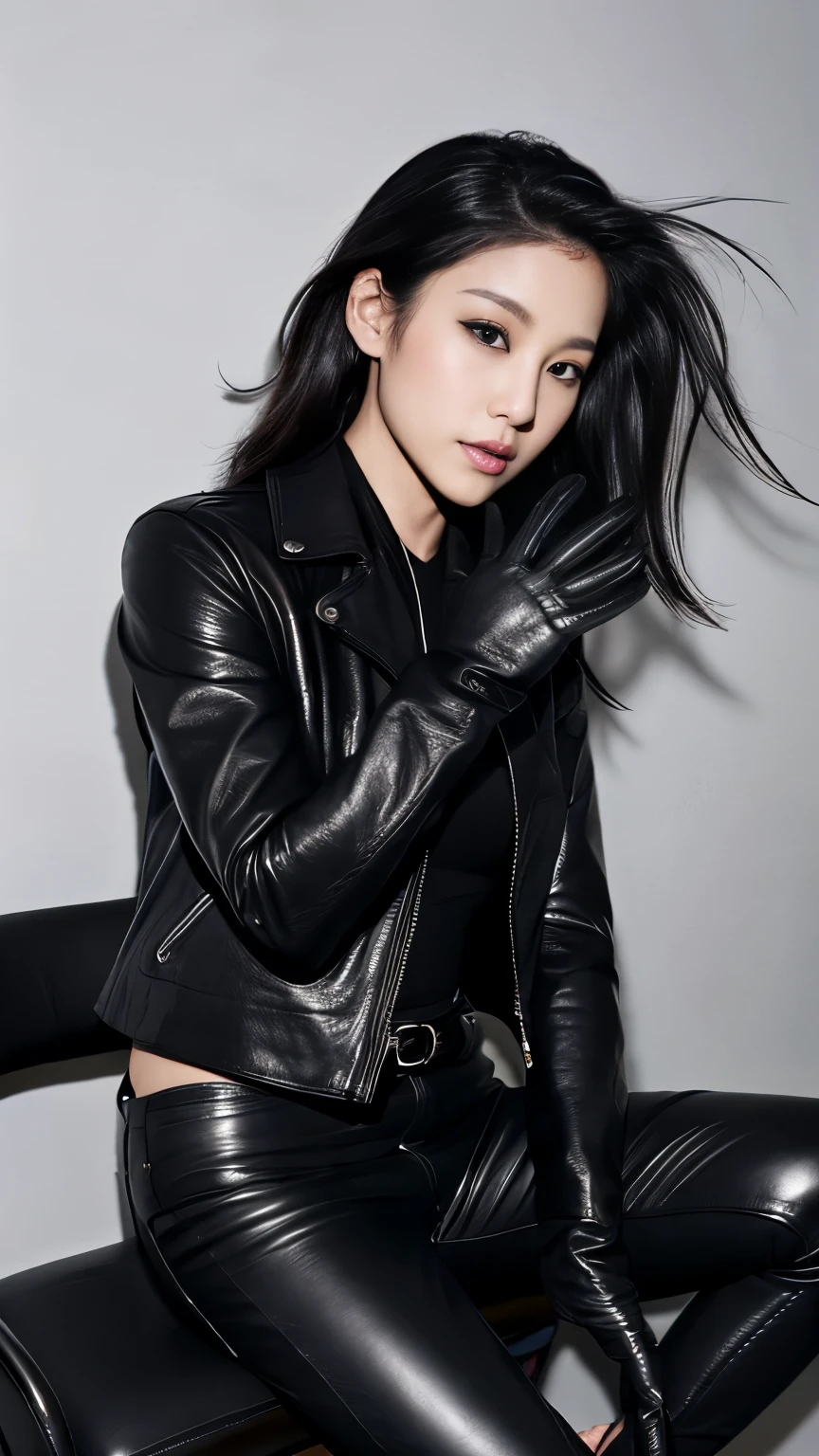 black leather rider jacket, Office in the Dark, Black leather gloved fingertips on both hands,Wearing black leather gloves,Sitting in a black leather chair、 Japanese female new recruits (Black leather gloves cover both hands) (The angle is horizontal)、Black Leather Pants,Black Leather Black Leather Pants,Black Leather Skinny Pants、Long black leather boots on both feet、Black hair ponytail ((He wears black leather gloves on his hands))Full Body Photo,full body shot full body full body leather suit,☺If you turn in this direction。Wearing black leather gloves,Wearing black leather gloves,Wearing black leather gloves,Wearing black leather gloves,Wearing black leather gloves,Wearing black leather gloves,黒のレザーパンツが美しい😍黒のレザーパンツが美しい😍黒のレザーパンツが美しい,😍Smiling while looking at me,City lights、((Neon Cyberpunk City Street:1.3))、(Neon Light)、Detailed lighting、
Best image quality、Ultra-high resolution、(realism:1.4)、Korean Beauty Star、The most beautiful KPOP stars、face、Horny Korean Makeup、A body that makes you want to touch it、Realistic leather texture、Costume made of smooth leather fabric、The drape of the curved parts of the leather fabric、The costume is very shiny、Quality of the costume、8K Photo Quality