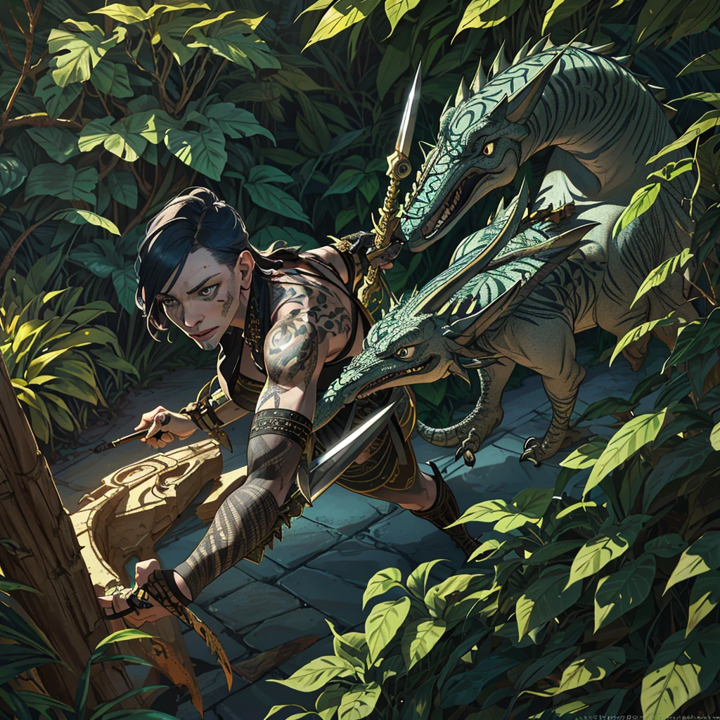 (A savage warrior woman (cate blanchett(25)) covered only in tattoos and extensive tribal body paint, unclad) armed with subdual weapons, is stalking man sized dinosaurs to capture and tame, jungle,(best quality,4k,8k,highres,masterpiece:1.2),ultra-detailed,(realistic,photorealistic,photo-realistic:1.37),detailed eyes,detailed lips,extremely detailed face,longeyelashes,intricate tattoos,tribal body paint,subdual weapons,man sized dinosaurs,lush jungle environment,dramatic lighting,dynamic pose,powerful expression