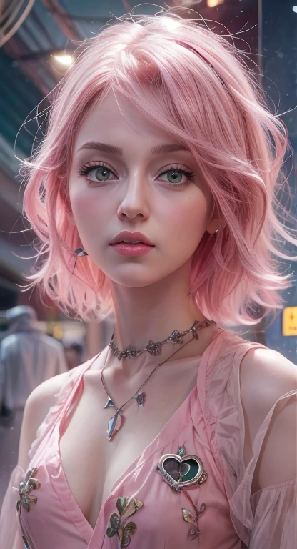 young woman, short shoulder-length pink hair, wide forehead, porcelain skin, pink eyebrows, big emerald green eyes, buttoned nose, full lips, heart-shaped face, slender body, small breasts, red tank top, Sakura Haruno , realistic, realism, details, 3d, well detailed
