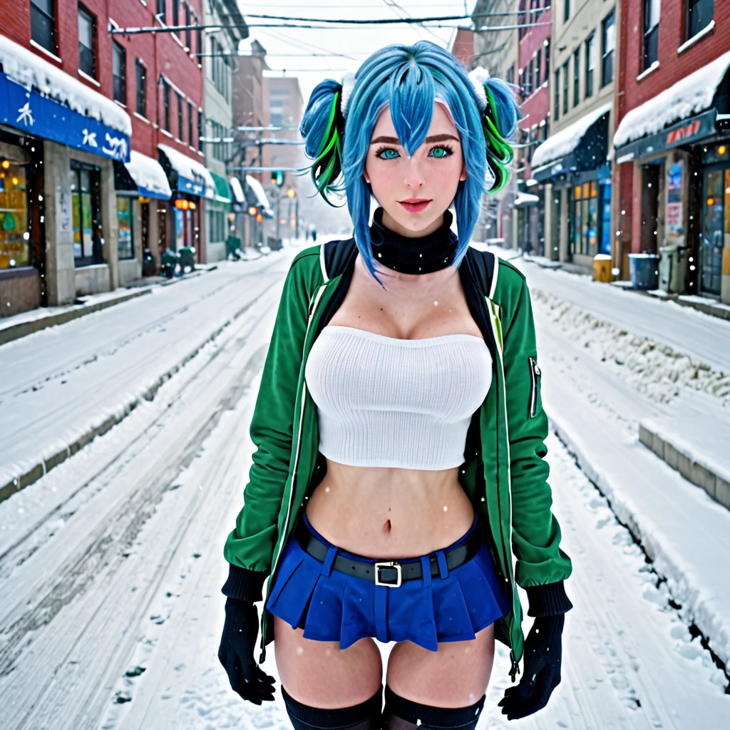 best quality,ultra high res,1girl,solo,full body,snow,city,, blue hair,green eyes,jk,blowjob