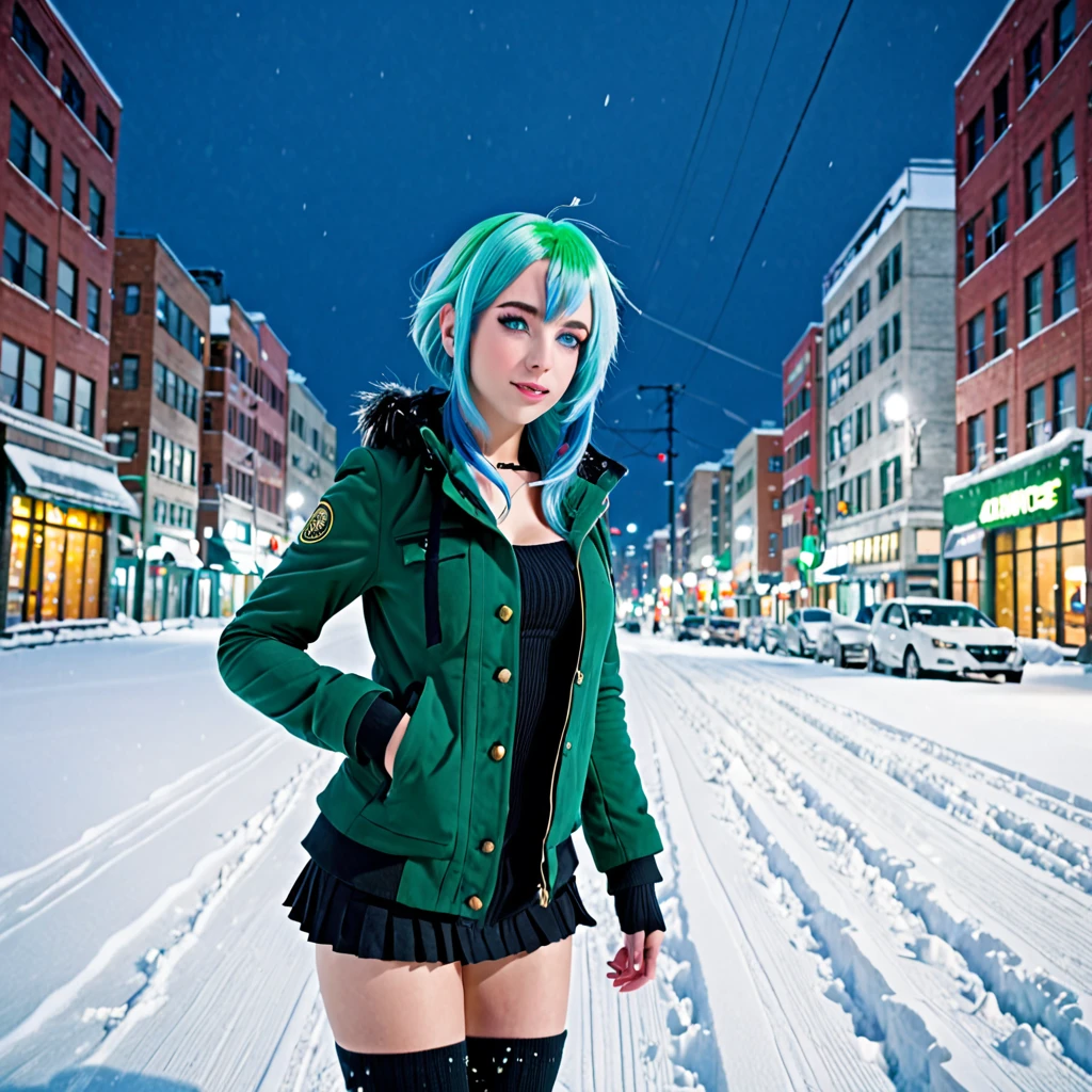 best quality,ultra high res,1girl,solo,full body,snow,city,, blue hair,green eyes,jk,blowjob