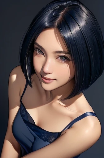 (masterpiece), (8k, best quality, high resolution), (ultra-detailed, realistic), (anatomically correct),
((from above)), ((look up and see the viewer)),
((face close-up)), (Standing), (No background),
(1woman),
(A Japanese woman, 30 years old and 155cm tall.),
((Create a detailed image of the right eye)),
(((Wear a navy blue tunic camisole))), ((A camisole without decoration.)),
(black hair), (straight hair), (short hair style), ((bob cut)),
((smile broadly)),
(Her impression is pure, clean and kind.),