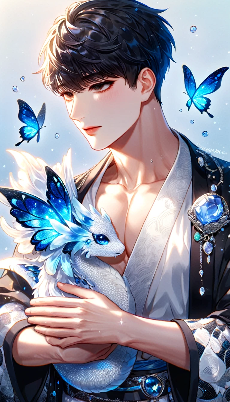 (absurdres, highres, ultra detailed, HDR) master piece, best quality, Kim Dokja, black hair, expressive brown eyes, omniscient reader's viewpoint, solo, sexy man, carrying a white dragon, handsome, toned chest, black haori, white kimono with accessories, jewelry, patterns, magical fantasy, blue butterflies, glittering, sparkling, blue lilies, blue petals, radiant, blue background with gemstones