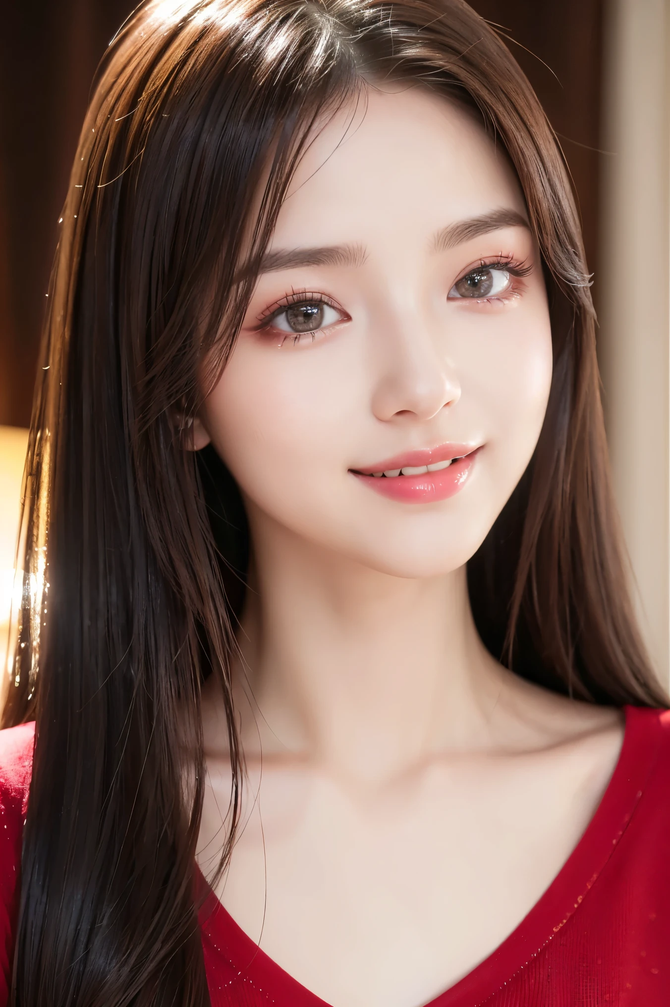 (highest quality、Tabletop、8k、Best image quality、Award-winning works)、(One Girl, :1.1)、(Perfect V-neck long knit red sweater:1.3)、Red eyeshadow、Perfect Makeup、Long eyelashes、Ultra-high definition sparkling eyes、Ultra HD Hair、Ultra High Resolution Glossy Lips、Ultra HD cute face、Brown Hair、Big Breasts、Cleavage、Look at me and smile、Accurate anatomy、Face close-up、Luxury Love Hotel、(The most atmospheric and warm lighting:1.1)、Blurred Background