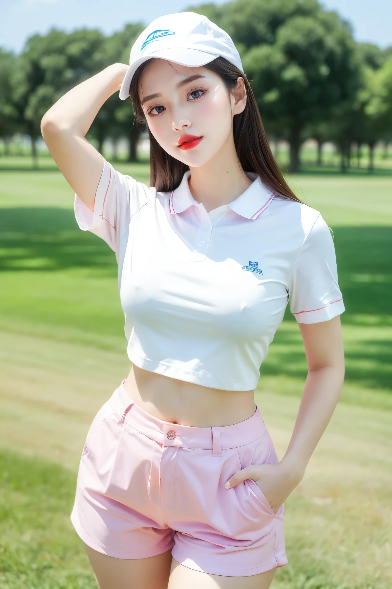 (highest quality、masterpiece、8k、Best image quality、Award-winning works)、(1 female:1.1)、(alone:1.1)、(Perfect Stylish Golf Wear:1.1)、(White and pink gradient golf wear:1.1)、(Shorts:1.1)、 (Golf Cap:1.1)、(Voluptuous body:1.2)、(Very large breasts:1.2)、(Accentuate your body lines:1.1)、(Standing Elegantly:1.1)、(Accurate anatomy:1.1)、The best smile that shows your teeth、The most natural and perfect golf course、clear, Beautiful sky、Beautiful thunderclouds、Beautiful real grass、(Very bright and vivid:1.4)、(Bright and glowing skin:1.2)、(Strongly blurred background:1.1)、Upper body photo、Very bright、Perfect Makeup、Long eyelashes、Bright lipstick、Glossy lips、Ultra HD glossy skin、(Ultra-high resolution, bright and beautiful skin:1.4)、超高精細のGlossy lips、Ultra-high resolution beautiful teeth