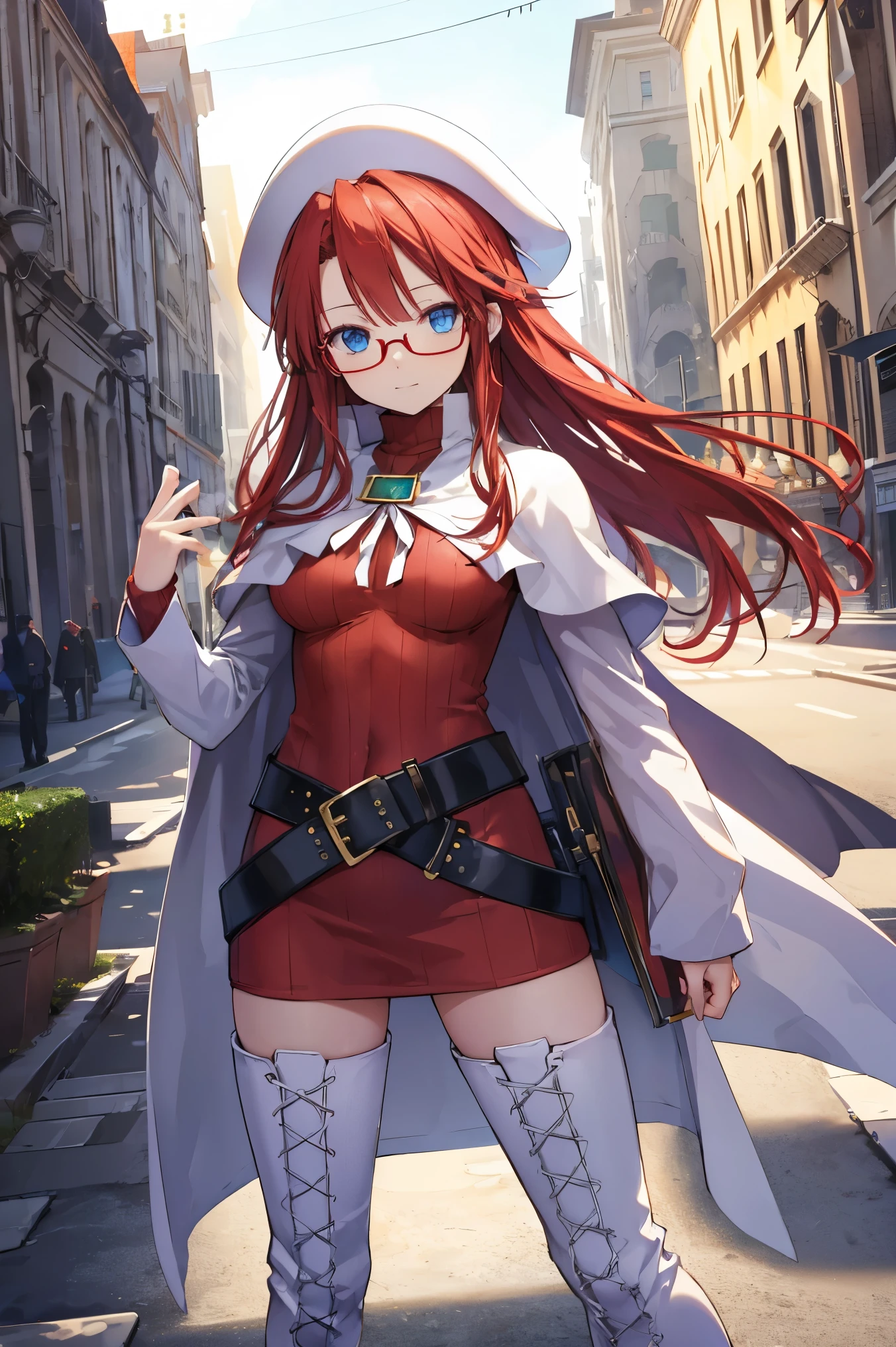 summonnightaty, aty, (young:1.3),long hair, blue eyes, red hair, large_beret, hat, glasses,
BREAK long hair, thighhighs, hat, dress, boots, glasses, belt, cape, sweater, zettai ryouiki, beret, thigh boots, white footwear, ribbed sweater, loose belt,solo,
BREAK outdoors, fantasy,on_cobblestone
,,Highquality_hads,perfect_fingers,
BREAK (masterpiece:1.2), best quality, high resolution, unity 8k wallpaper, (illustration:0.8), (beautiful detailed eyes:1.6), extremely detailed face, perfect lighting, extremely detailed CG, (perfect hands, perfect anatomy),covered_nipples,covered_navel ,half_eyes:,long_sword,armpit,sleepy,dynamic_fighting_pose,barrel,red_sweater,apart_knees,magical_effect,spread_legs, have_a_book,teacher,rise_knee,Smile,rise_hand,