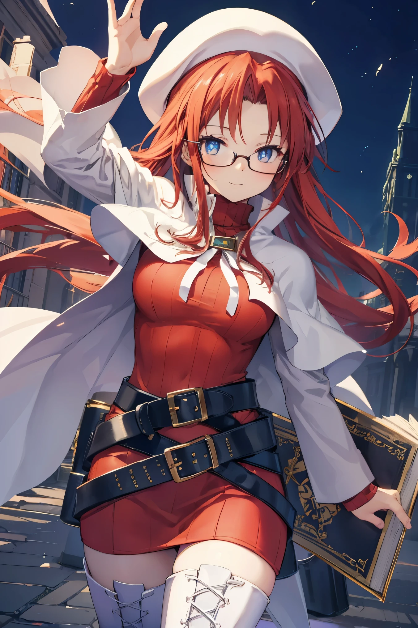 summonnightaty, aty, (young:1.3),long hair, blue eyes, red hair, large_beret, hat, glasses,
BREAK long hair, thighhighs, hat, dress, boots, glasses, belt, cape, sweater, zettai ryouiki, beret, thigh boots, white footwear, ribbed sweater, loose belt,solo,
BREAK outdoors, fantasy,on_cobblestone
,,Highquality_hads,perfect_fingers,
BREAK (masterpiece:1.2), best quality, high resolution, unity 8k wallpaper, (illustration:0.8), (beautiful detailed eyes:1.6), extremely detailed face, perfect lighting, extremely detailed CG, (perfect hands, perfect anatomy),covered_nipples,covered_navel ,half_eyes:,long_sword,armpit,sleepy,dynamic_fighting_pose,barrel,red_sweater,apart_knees,magical_effect,spread_legs, have_a_book,teacher,rise_knee,Smile,rise_hand,