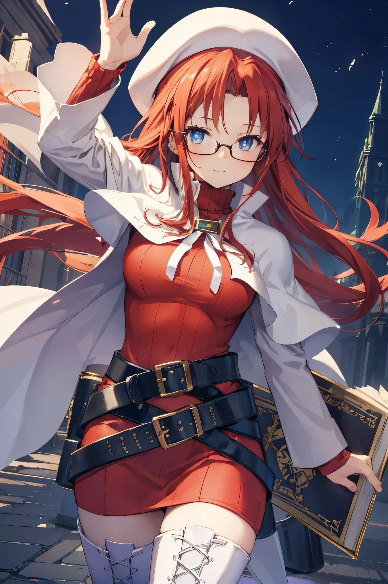 summonnightaty, aty, (young:1.3),long hair, blue eyes, red hair, large_beret, hat, glasses,
BREAK long hair, thighhighs, hat, dress, boots, glasses, belt, cape, sweater, zettai ryouiki, beret, thigh boots, white footwear, ribbed sweater, loose belt,solo,
BREAK outdoors, fantasy,on_cobblestone
,,Highquality_hads,perfect_fingers,
BREAK (masterpiece:1.2), best quality, high resolution, unity 8k wallpaper, (illustration:0.8), (beautiful detailed eyes:1.6), extremely detailed face, perfect lighting, extremely detailed CG, (perfect hands, perfect anatomy),covered_nipples,covered_navel ,half_eyes:,long_sword,armpit,sleepy,dynamic_fighting_pose,barrel,red_sweater,apart_knees,magical_effect,spread_legs, have_a_book,teacher,rise_knee,Smile,rise_hand,