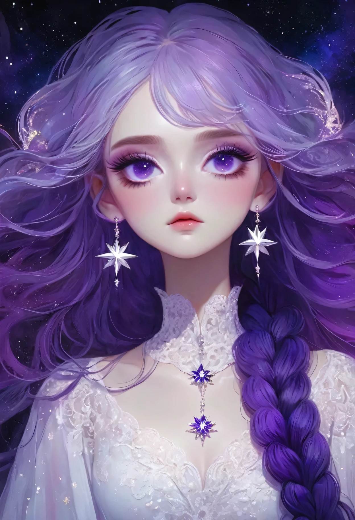 A close up of a woman with long purple hair and stars - SeaArt AI