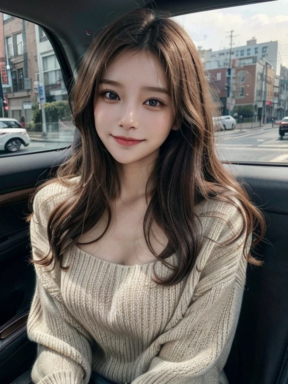 masterpiece, highest quality, High resolution,alone,Brown Hair,artistic,Best lighting,casual,Flat Chest,Beautiful Face,expensive,smile,light makeup,Age 25,Calm woman,Detailed Hair,Laughing woman,Wavy Hair,Woman wearing knitwear,outside,morning,In the car,Passenger seat view
