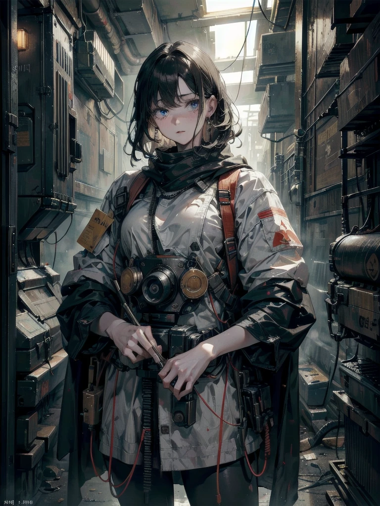 whole body, a massive anti-satellite weapon, gritty military aesthetic, complex machinery, futuristic technology, intricate wiring and circuitry, advanced military equipment, cutting-edge technology, high-tech, dystopian, industrial, mechanical, absurdres, RAW photo, extremely delicate and beautiful, masterpiece, Best Quality, ultra high resolution, 32k, hyperrealistic, ultra-detailed, perfect figure, detailed description, pale skin, 20 years old, detailed beautiful face and eyes, tearful mole, earring, short medium hair, wavy hair,