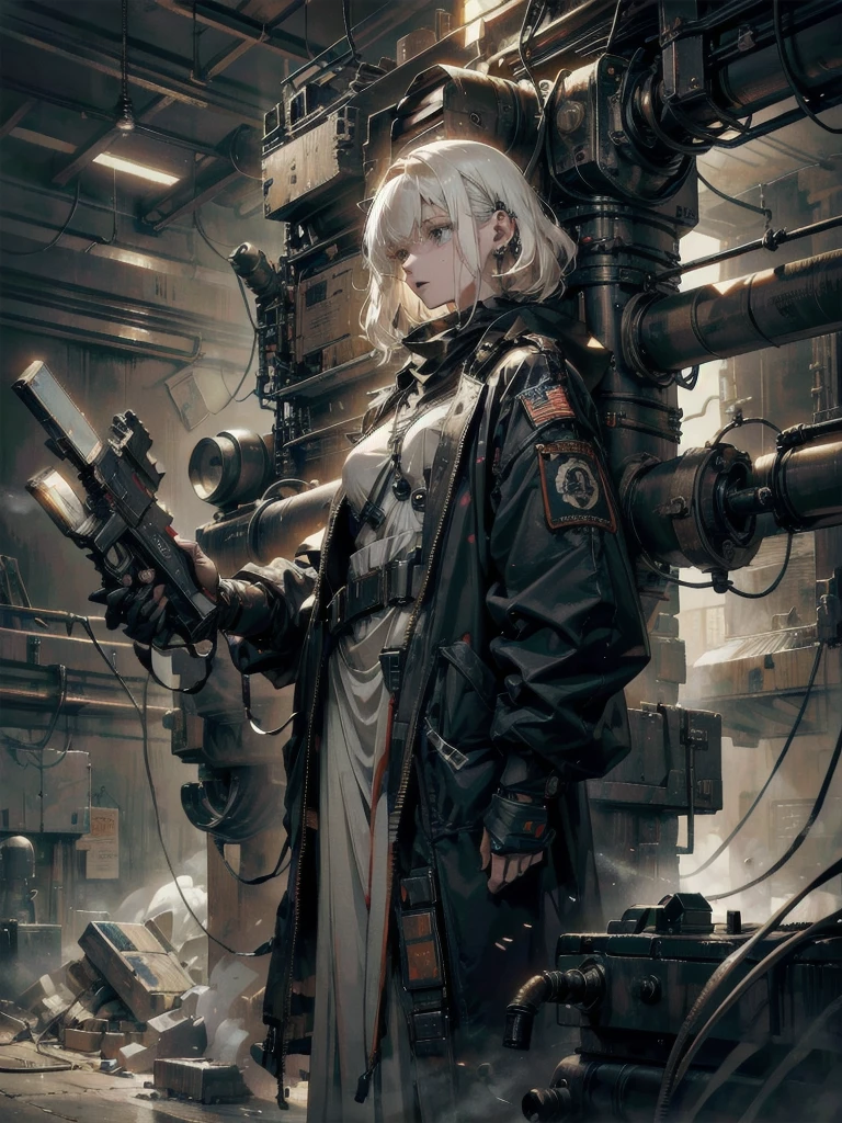 whole body, a massive anti-satellite weapon, gritty military aesthetic, complex machinery, futuristic technology, intricate wiring and circuitry, advanced military equipment, cutting-edge technology, high-tech, dystopian, industrial, mechanical, absurdres, RAW photo, extremely delicate and beautiful, masterpiece, Best Quality, ultra high resolution, 32k, hyperrealistic, ultra-detailed, perfect figure, detailed description, pale skin, 20 years old, detailed beautiful face and eyes, tearful mole, earring, short medium hair, wavy hair,