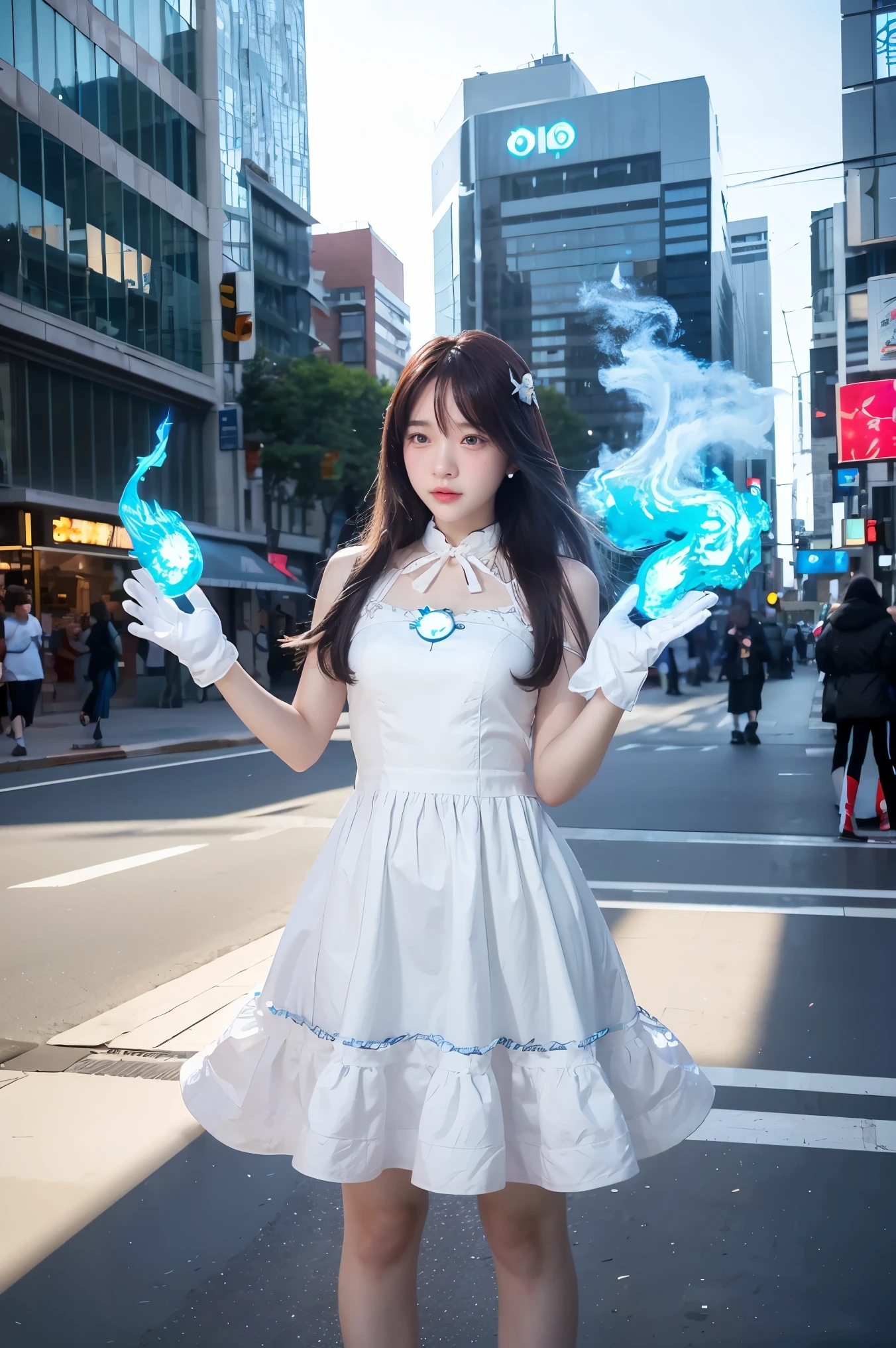 1 girl, height, Masterpiece, alone, anime, nonsense, detailed face, perfect eyes, light blue (fire symbol), upper body, full body, white dress, decorations, white gloves, city scenery, Holding, employee, sing