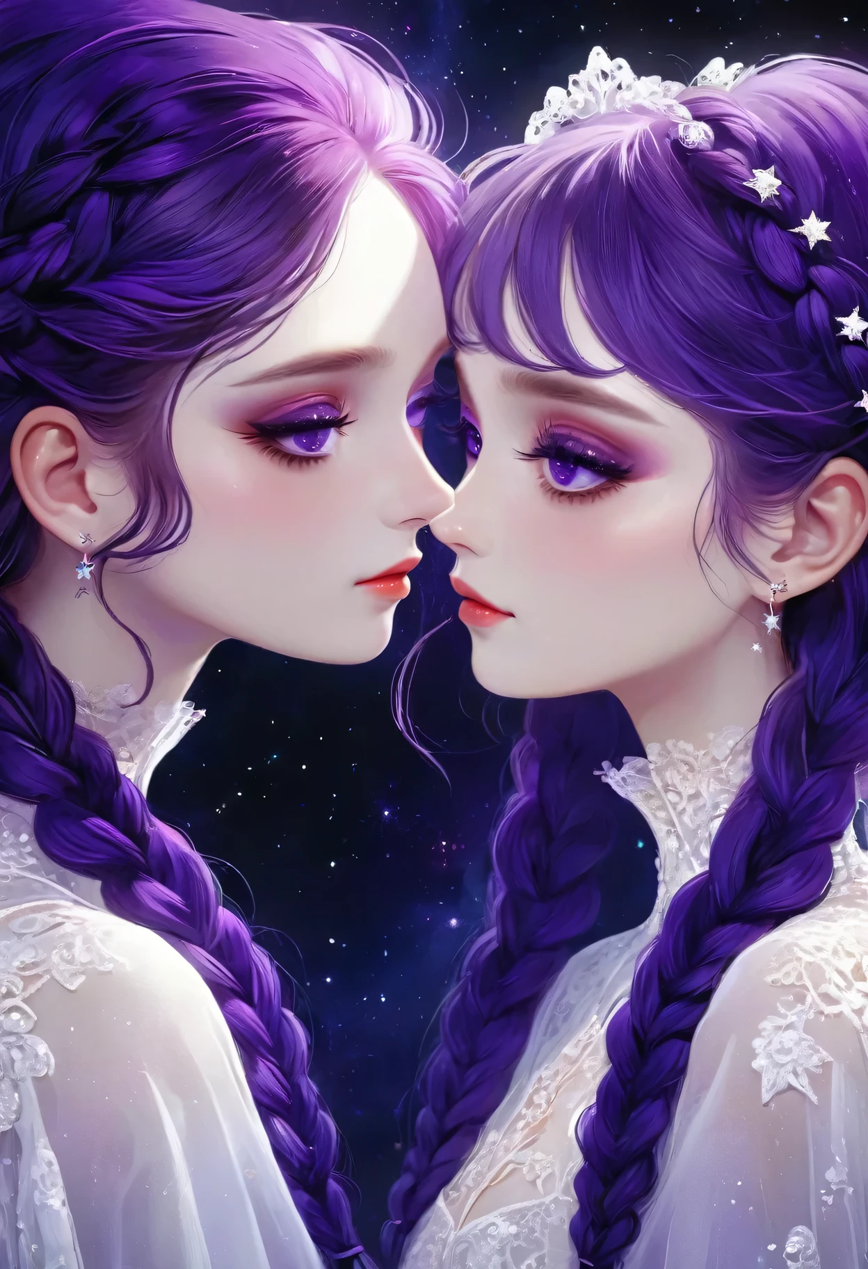 rough texture,Hand drawn style:A couple of lovers staring at each other,Fractal Art,yinji, purple hair, purple eyes, long hair, double braids, gradient hair, Gothic style clothing,see-through clothes,Lace ,Dark Fantasy,Dramatic lighting,cinematic composition, Theatrical atmosphere,Chiaroscuro,Gothic,Melancholy,mystery,Ethereal atmosphere,universe,Psychedelic,dream,fear,Milky Way, Night sky, Star,