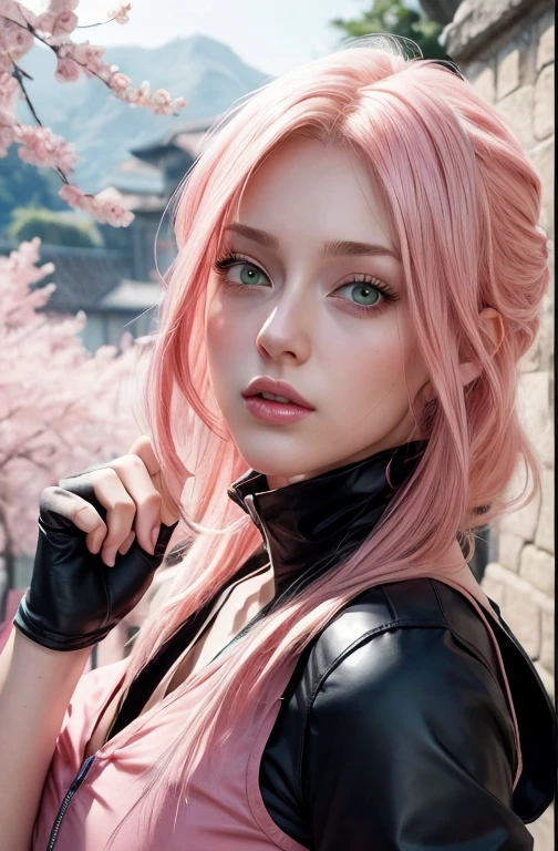 young woman, short shoulder-length pink hair, wide forehead, porcelain skin, pink eyebrows, big emerald green eyes, buttoned nose, full lips, heart-shaped face, slender body, small breasts, red tank top, Sakura Haruno , realistic, realism, details, 3d, well detailed
