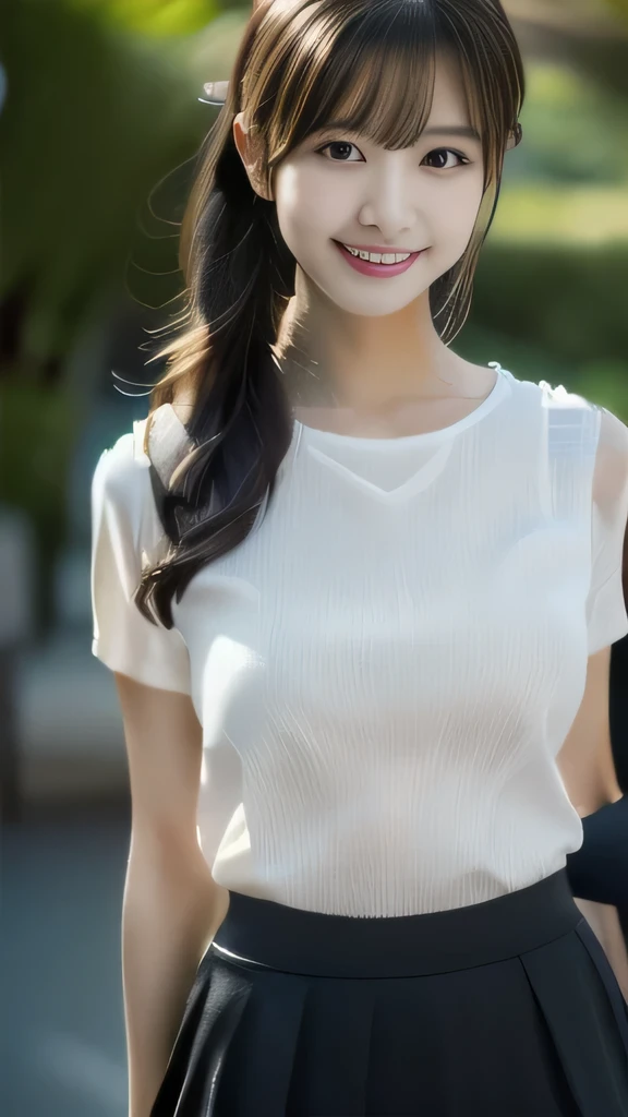 (8k, RAW photo, best quality, masterpiece:1.2), (realistic, photo-realistic:1.4), (extremely detailed 8k wallpaper), sharp focus, depth of field, blur background, bokeh,Do not split,(Japanese Woman),20-year-old woman,ponytail,(White blouse: 1.5),(black skirt: 1.5).(Looking at viewer),((super fine face)), Standing posture,(The whole body was photographed:1.5),smile,full body