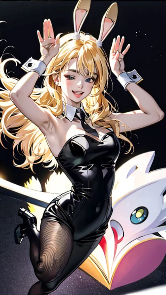 1female\(cute, kawaii,(chibi),solo,age of 18,skin color white,(big smile:1.3),half-closed eyes,open mouth,hair floating,hair color blonde,long hair,eye color is cosmic,breast,black bunny suit,black leotard,black bunny ears,bunny tail,wrist cuffs,detached collar,black ribbon tie,fishnet tights,black high heel,rabbit pose,arms up,(full body:0.6),Caramelldansen\), BREAK ,background\(simple,inside,colorful,cute room,girly,hearts\), BREAK ,quality\(8k,wallpaper of extremely detailed CG unit, ​masterpiece,hight resolution,top-quality,top-quality real texture skin,hyper realisitic,increase the resolution,RAW photos,best qualtiy,highly detailed,the wallpaper,cinematic lighting,ray trace,golden ratio\),(close up:0.6),better hands,5fingers each hand,[nsfw:1.5]