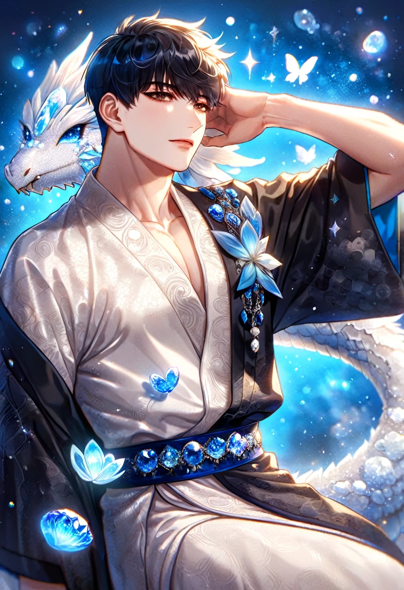 (absurdres, highres, ultra detailed, HDR) master piece, best quality, Kim Dokja, black hair, expressive brown eyes, omniscient reader's viewpoint, solo, sexy man, carrying a white dragon, handsome, toned chest, black haori, white kimono with accessories, jewelry, patterns, magical fantasy, blue butterflies, glittering, sparkling, blue lilies, blue petals, radiant, blue background with gemstones