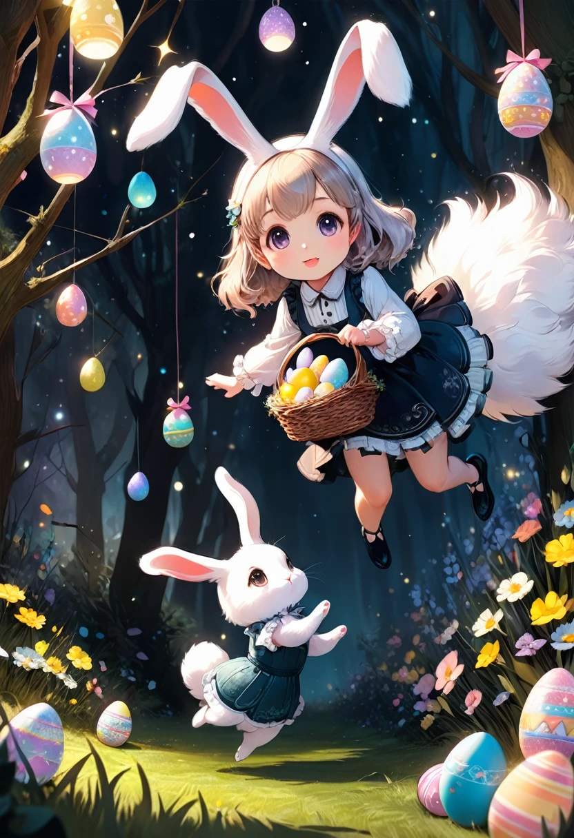 a cute girl with long fluffy rabbit ears, rabbit ears, The most beautiful amazing incredible stunning cutest  rabbit searching for Easter eggs with a littpy human girl in an easter dress, fluffy, adorable, cute, hyperdetailed, cinematic, Easter egg hunt, sparkles, glitter, a midnight "garden covered in glitter, magic and sparks" : extreme detail : intricate motifs : by Bastien Lecouffe Deharme : jeremy mann : andree wallin : deep depth of field : bright dramatic lighting : craig mullins : radial : maximalist : deviantart : Ray Tracing : Yoshikata Amano; Edwin Landseer; Ismail Inceoglu; Russ Mills: Victo Ngai; Bella Kotak; 3d; intricate filigree : perfect composition