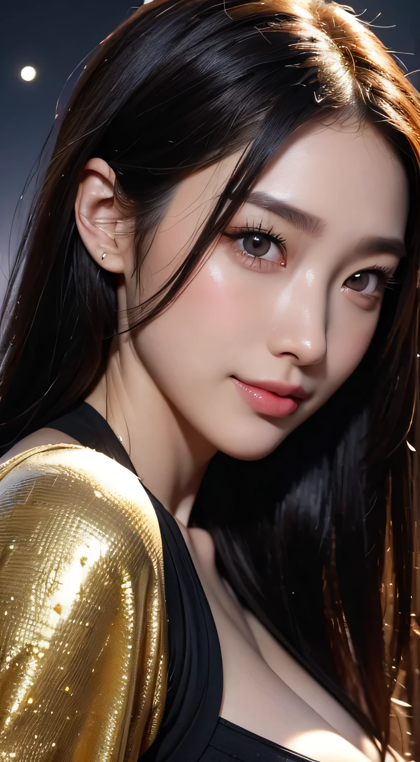 Kimono beauty, body portrait, 8k, thin and beautiful eyes, Dindal effect, masterpiece, top quality, high quality, high resolution, very detailed photo, (natural skin texture, fine skin, hyper realism, super sharpness) , high detail skin, (very fine, fine skin texture, intricate details, beautiful face, (real-like face), realistic eyes, beautifully detailed eyes, realistic skin, beautiful skin, surreal, Highly detailed, golden ratio, smiling eyes, ((night moonlight background)), body portrait, G cup, big breasts, huge breasts, big breasts, glamorous, shiny bodysuit