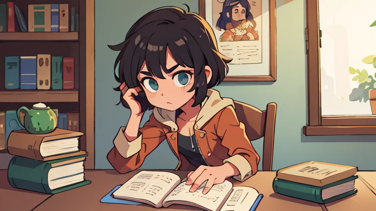 Um garoto, com cabelo curto castanho, em uma jaqueta com livros, sentada em uma mesa