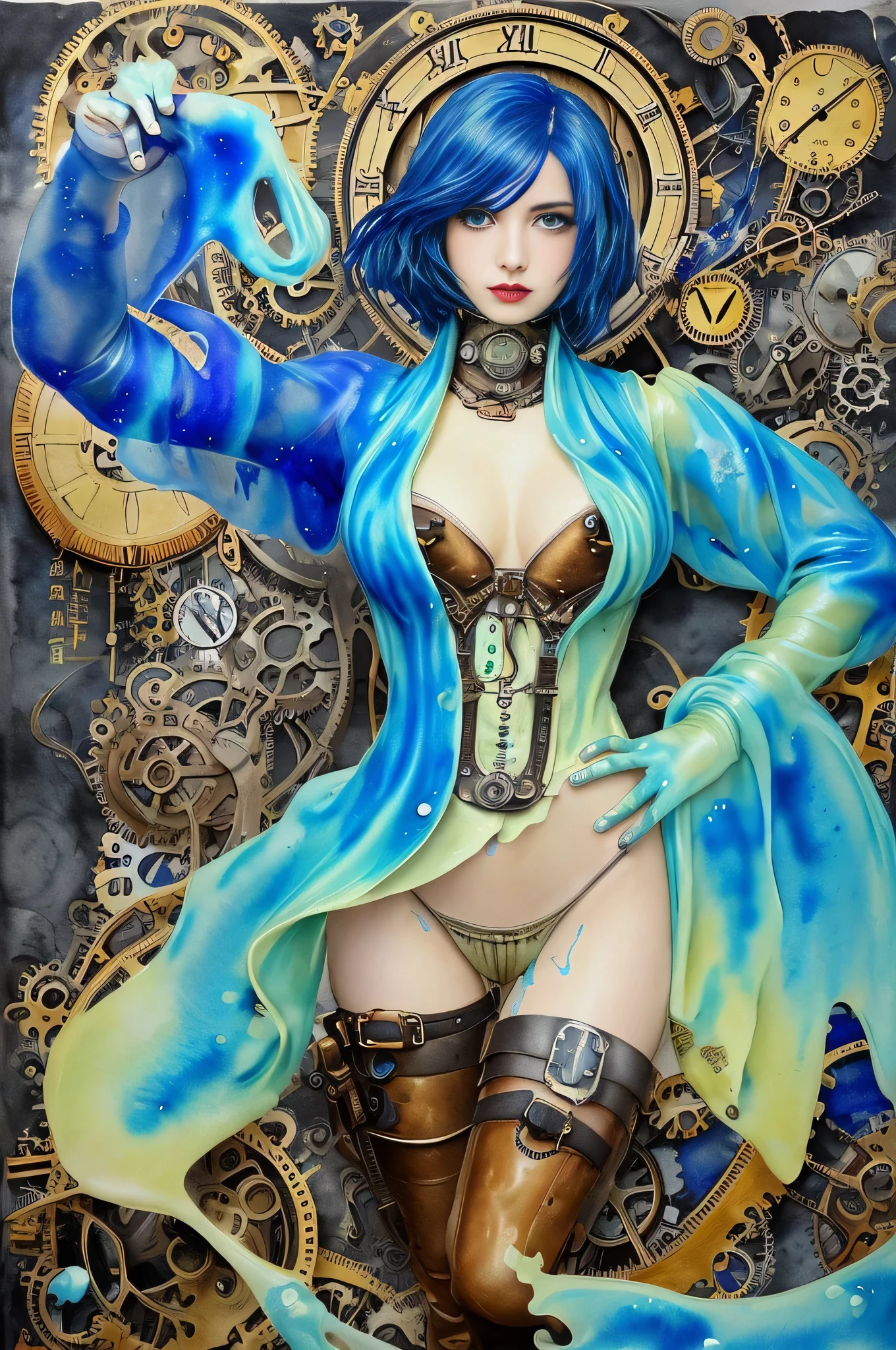 beautiful girl、((Abstract Steampunk Woman)),  Covered in a large amount of blue slime、 Blue and Yellow、 crazy watercolor painting on black canvas, become close, A delicate touch, A true masterpiece watercolor painting, habbuki、masterpiece、highest quality、Excited、anger、announce a big victory、Detailed Description、