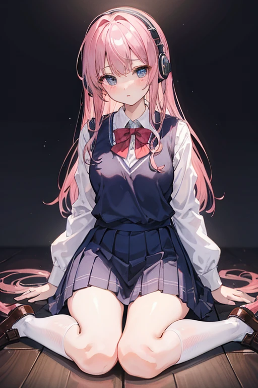 (8k、highest quality、masterpiece:1.2)、Illustration touch、Ultra-detailed、Super A High Resolution、Light pink hair、long hair、Headphones、One woman in uniform、clear、High 、White long sleeve blouseとnavy blue sweater vest、White long sleeve blouse、The blouse is buttoned、Red ribbon tie、navy blue sweater vest、red and black plaid skirt、赤黒チェックmini skirt、mini skirt、White Pantyhose、delicate、On all fours、ベッドにOn all foursで腰を上げている、Inner thighs、White panties、Watery eye、(School uniform:1.4)、Blushing