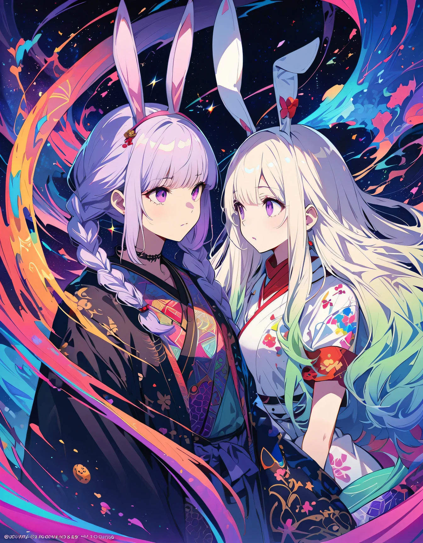 realist, (masterpiece, best quality, official art, beauty, Gothic, Tokyo Ghoul style: 1.2), Very detailed, fractal art, Gorgeous, More detail, Zentangle, Atmospheric, cosmic, Psychedelic, dreamlike, fear, A couple of lovers staring at each other, Rabbit Ears, yinji, purple hair, purple eyes, long hair, white hair, double braids, gradient hair, Japanese folk style clothing