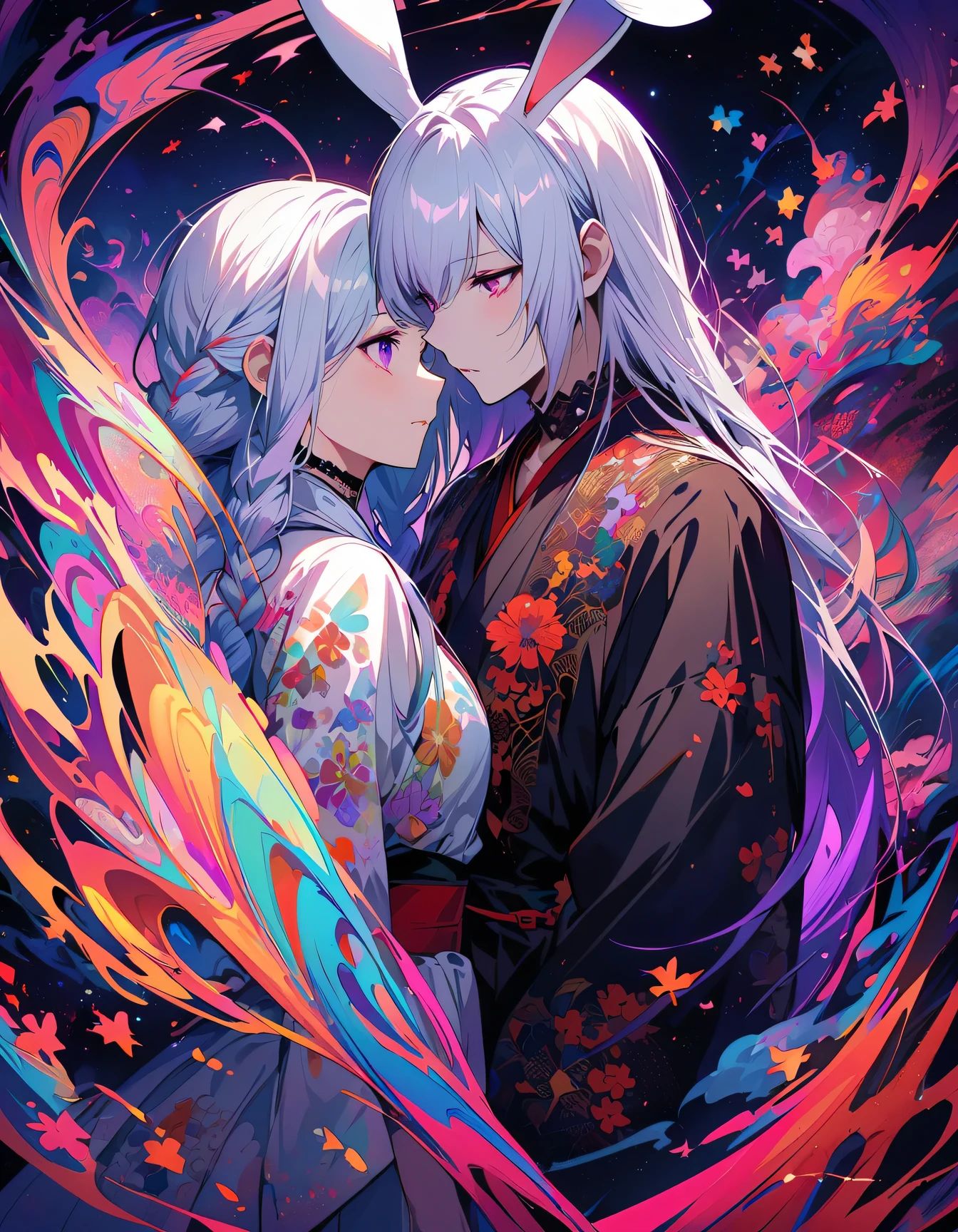 realist, (masterpiece, best quality, official art, beauty, Gothic, Tokyo Ghoul style: 1.2), Very detailed, fractal art, Gorgeous, More detail, Zentangle, Atmospheric, cosmic, Psychedelic, dreamlike, fear, A couple of lovers staring at each other, Rabbit Ears, yinji, purple hair, purple eyes, long hair, white hair, double braids, gradient hair, Japanese folk style clothing