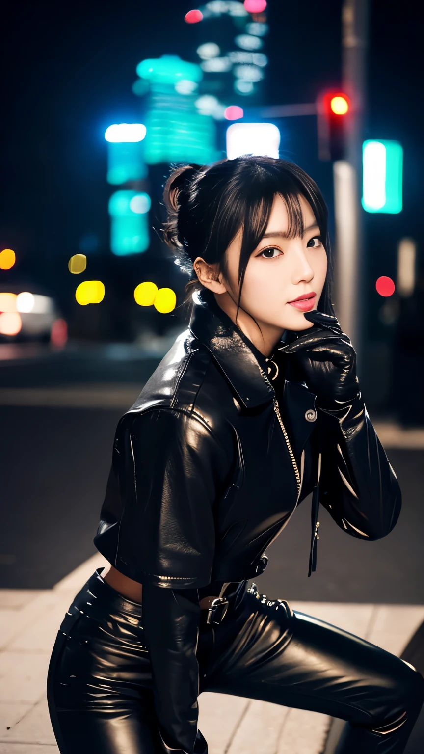 black leather rider jacket, Office in the Dark, Black leather gloved fingertips on both hands,Wearing black leather gloves,Sitting in a black leather chair、 Japanese female new recruits (Black leather gloves cover both hands) (The angle is horizontal)、Black Leather Pants,Black Leather Black Leather Pants,Black Leather Skinny Pants、Long black leather boots on both feet、Black hair ponytail ((He wears black leather gloves on his hands))Full Body Photo,full body shot full body full body leather suit,☺If you turn in this direction。Wearing black leather gloves,Wearing black leather gloves,Wearing black leather gloves,Wearing black leather gloves,Wearing black leather gloves,Wearing black leather gloves,黒のレザーパンツが美しい😍黒のレザーパンツが美しい😍黒のレザーパンツが美しい,😍Smiling while looking at me,City lights、((Neon Cyberpunk City Street:1.3))、(Neon Light)、Detailed lighting、

Best image quality、Ultra-high resolution、(realism:1.4)、Korean Beauty Star、The most beautiful KPOP stars、face、Horny Korean Makeup、A body that makes you want to touch it、Realistic leather texture、Costume made of smooth leather fabric、The drape of the curved parts of the leather fabric、The costume is very shiny、Quality of the costume、8K Photo Quality