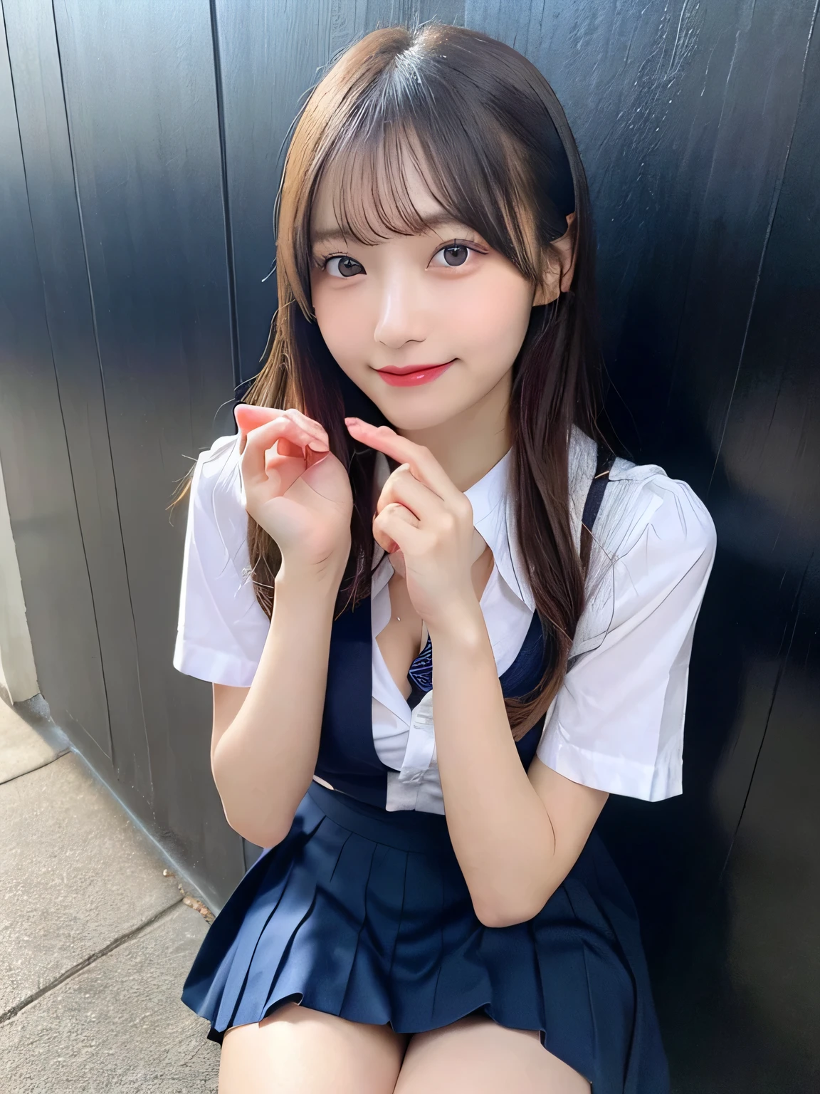 highest quality、figure、Cleavage、sexy、Ultra-detailed、High resolution、8k wallpaper、Perfect dynamic composition,、Beautiful fine details、Natural color lip、Bold sexy pose、smile、、cute、Sexy shot looking at the camera、(highest quality: 1.3), (masterpiece: 1.3), (Super Detail: 1.3), (One Girl: 1.1), (Detailed hands and fingers:1.2)、(Ultra-oily, lustrous skin with attention to detail:1.1)、Oily、(The perfect school girl uniform:1.3)、Short-sleeved shirt with front opening、Cleavage、sexy、(Beautiful shapely small breasts:1.3)、(Navy blue mini skirt:1.2)、I can see your thighs、Brown Hair、Very Short Hair、Beautiful sister、Red Wall,sexy、I can see your thighs、