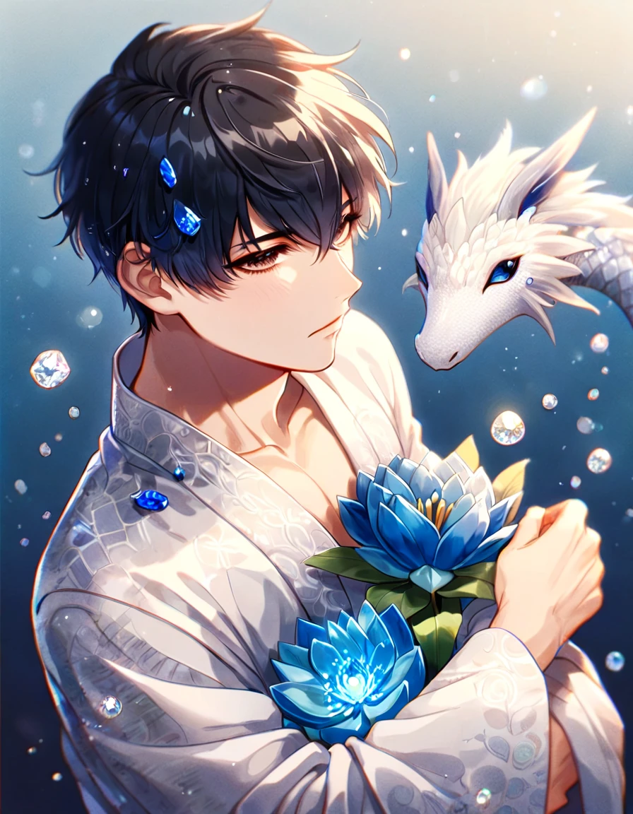 (absurdres, highres, ultra detailed, HDR) master piece, best quality, Kim Dokja, black hair, expressive brown eyes, omniscient reader's viewpoint, solo, sexy man, hugging a white dragon, handsome, toned chest, black haori, white kimono with accessories, jewelry, patterns, magical fantasy, blue butterflies, glittering, sparkling, blue lilies, blue petals, radiant, blue background with gemstones