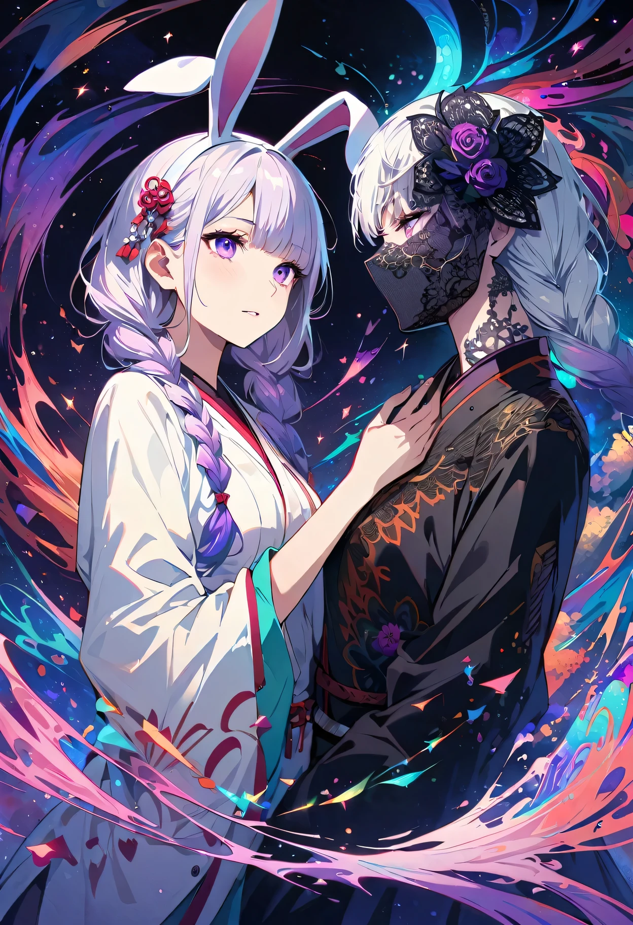 realist, (masterpiece, best quality, official art, beauty, Gothic, Tokyo Ghoul style: 1.2), Very detailed, fractal art, Gorgeous, More detail, Zentangle, Atmospheric, cosmic, Psychedelic, dreamlike, fear, A couple of lovers staring at each other, Rabbit Ears, yinji, purple hair, purple eyes, long hair, white hair, double braids, gradient hair, Japanese folk style clothing