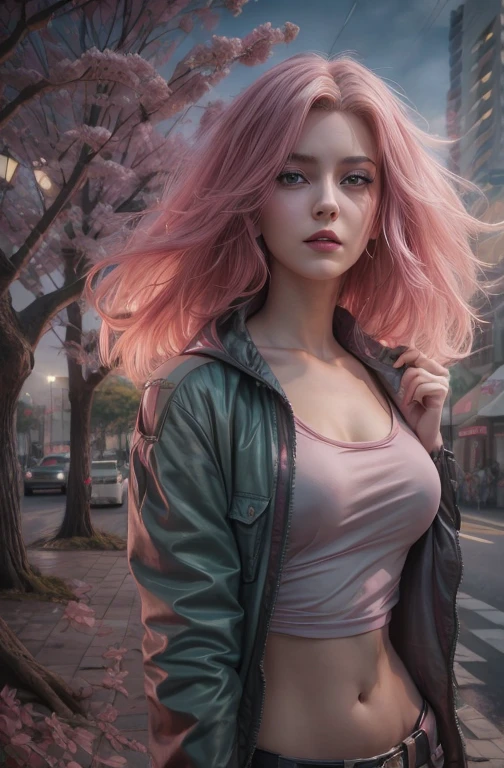 young woman, short shoulder-length pink hair, wide forehead, porcelain skin, pink eyebrows, big emerald green eyes, buttoned nose, full lips, heart-shaped face, slender body, small breasts, red tank top, Sakura Haruno , realistic, realism, details, 3d, well detailed

