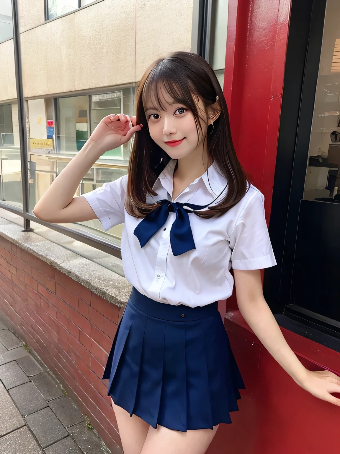 highest quality、figure、、sexy、Ultdetailed、High resolution、8k wallpaper、Perfect dynamic composition,、Beautiful fine details、Natural color lip、Bold sexy pose、se、15-year-old git looking at the camerhighest quality: 1.3), (masterpiece: 1.3), (Super Detail: 1.3), (One Girl: 1.1), (Detailed hands and fingers:1.2)、(Ultra-oily, lustrous skin with attention to dl:1.1)、Oily、(The perfect school girl uniform:1.3)、Short-sleeved shirt with front ope、Cleavage、sexy、(Beautiful shapely small br3)、(Navy e mini skirt:1.2)、I can see yohs、Brown Hair、Very Short Hair、Beautiful sister、Red Wall,sexy、I can see your thighs、