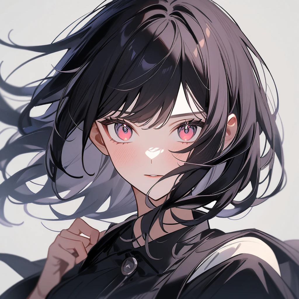 ((Woman with black hair and red eyes)), ((Wearing a black clothes)), ((highest quality, masterpiece, Ultra high definition, High resolution)), ((Ultra-detailed illustrations:1.2)), 1 girl, Anime Girls, Upper Body, Beautiful Hair, Beautiful Eyes, Mid-chest, Slit-Eyed, Pointed Ears