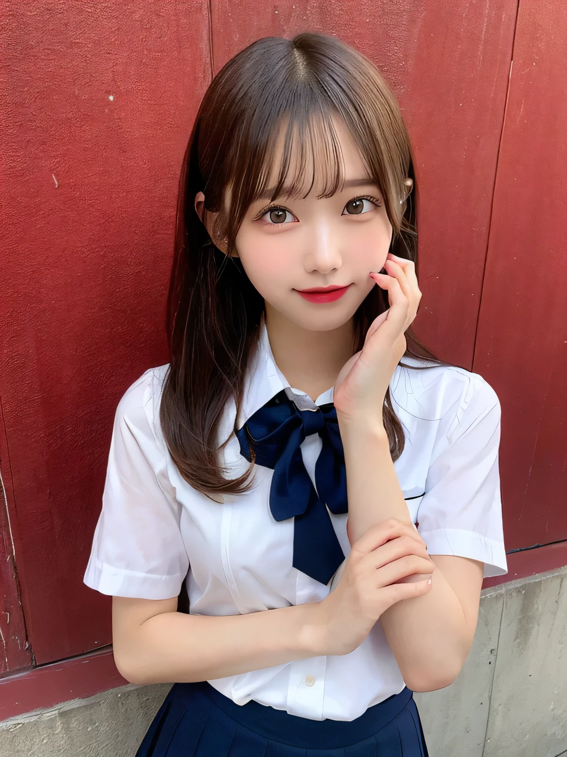 highest quality、figure、Cleavage、sexy、Ultra-detailed、High resolution、8k wallpaper、Perfect dynamic composition,、Beautiful fine details、Natural color lip、Bold sexy pose、smile、、cute、Sexy shot looking at the camera、(highest quality: 1.3), (masterpiece: 1.3), (Super Detail: 1.3), (One Girl: 1.1), (Detailed hands and fingers:1.2)、(Ultra-oily, lustrous skin with attention to detail:1.1)、Oily、(The perfect school girl uniform:1.3)、Short-sleeved shirt with front opening、Cleavage、sexy、(Beautiful shapely small breasts:1.3)、(Navy blue mini skirt:1.2)、I can see your thighs、Brown Hair、Very Short Hair、Beautiful sister、Red Wall,sexy、I can see your thighs、