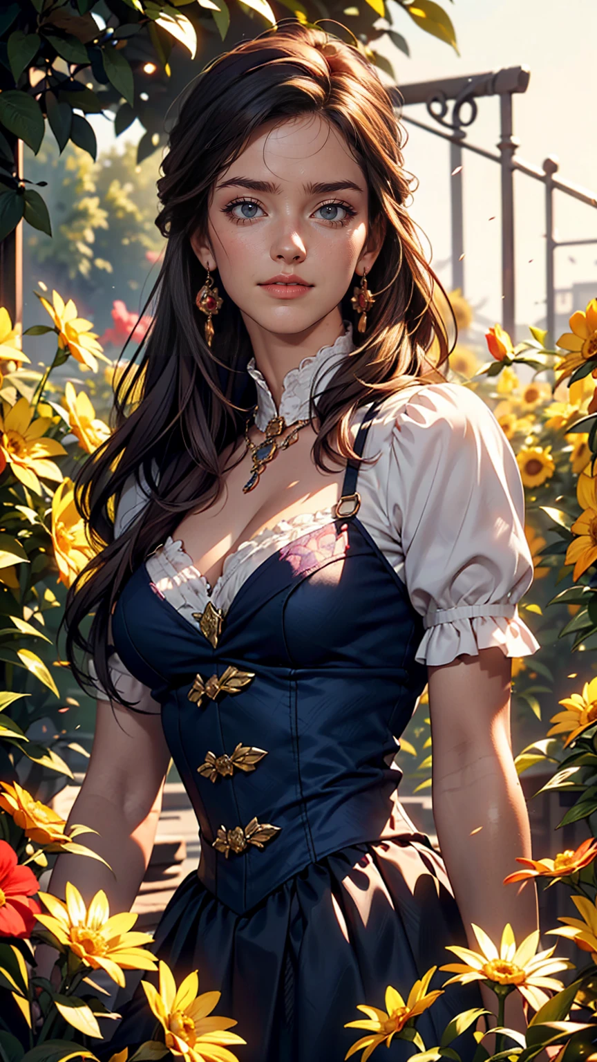 (Absurd, High resolution, Super detailed), masterpiece, Hinata(bolt), ((alone)), One girl,Medium chest, Long purple Victorian dress, Mouth closed, (((Long Hair))),Are standing, Bodice and skirt patterns, Frilled Skirt, race, Blinking blinking effect, (((Detailed lips))), garden, Pink and yellow flowers, ((Realistic Skin)), Glowing Skin, ((Glossy Red Lips)), Purple eyes, Portraiture, beautiful, smile, (((Dark blue hair))), Bust Crop, Normal skin