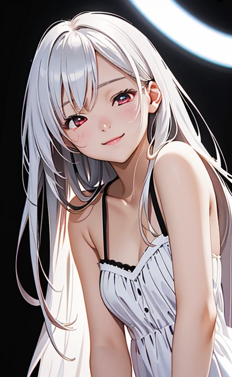 (Photorealistic:1.4)、asuna,(masterpiece、lens flare:1.5、spot light:1.2、Exquisite beautiful eyeonochrome:1.5,portlate、)、Cute Face、 3D Face、(white hair:1.5、Straight Hair)、(1 Girl)、(Red eyes:1.2)、(upper body)、(Sundress)、 (Cute face:1.2),(light smile:1.2),(half closed eyes:1.5),kind face,(Small breasts),(black background:1.5)、(glowing eyes:1.3)、()、 Neat and clean、Adorable、Slim Body(Tareme:1.5),Shiny Hair、(Glowing pink Skin)、Nijisketch,Manga,zydG