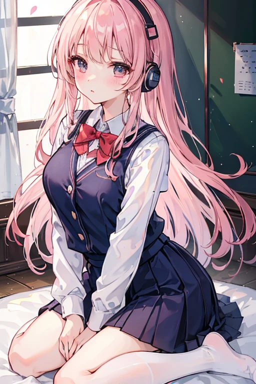 (8k、highest quality、masterpiece:1.2)、Illustration touch、Ultra-detailed、Super A High Resolution、Light pink hair、long hair、Headphones、One woman in uniform、clear、High 、White long sleeve blouseとnavy blue sweater vest、White long sleeve blouse、The blouse is buttoned、Red ribbon tie、navy blue sweater vest、red and black plaid skirt、赤黒チェックmini skirt、mini skirt、White Pantyhose、delicate、On all fours、ベッドにOn all foursで腰を上げている、Inner thighs、White panties、Watery eye、(School uniform:1.4)、Blushing