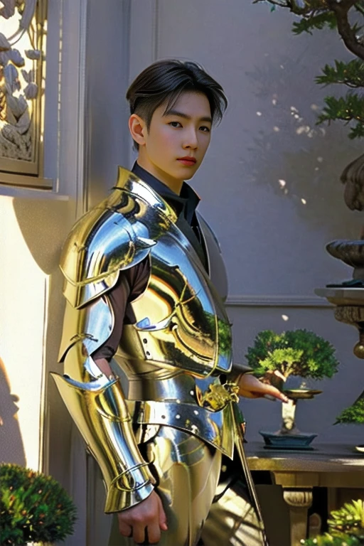 masterpiece of photorealism, photorealistic highly detailed 8k photography, best hyperrealistic quality, volumetric lighting and shadows, young man in pegasus saint_armor, wedge cut light blonde, Bonsai Gardens in Afternoon Light, Cinematic Low-Angle Shot