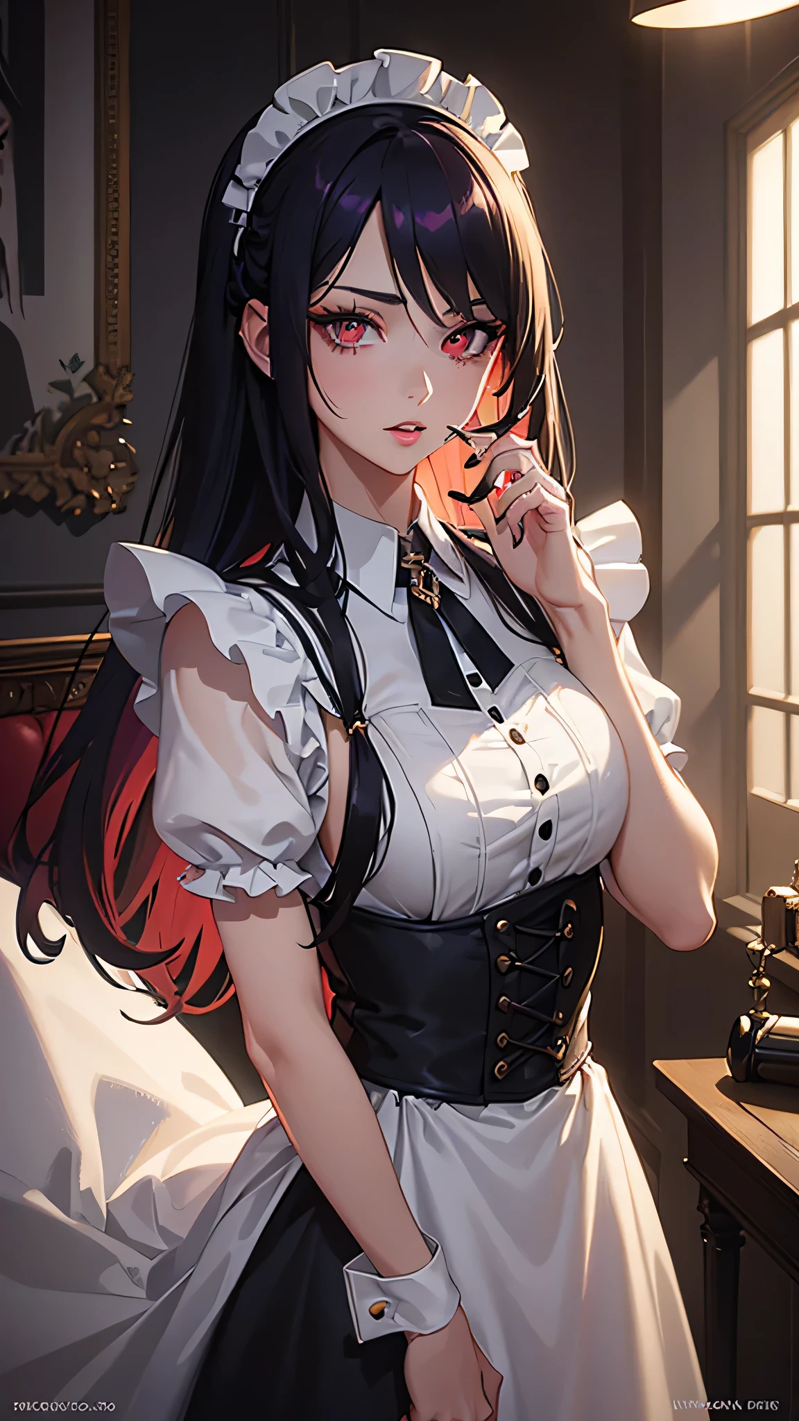 (A young woman in her 20s,beautiful detailed eyes,beautiful detailed lips,extremely detailed eyes and face,longeyelashes,cigarette in mouth,dark purple hair,long hair,maid outfit,backlighting,high resolution,odd eyes,red eyes,amber eyes,movie-like atmosphere,gun pointed,one-handed,octane render,photorealistic,hyper detailed,dramatic lighting,cinematic,sharp focus,ultra-detailed,masterpiece)