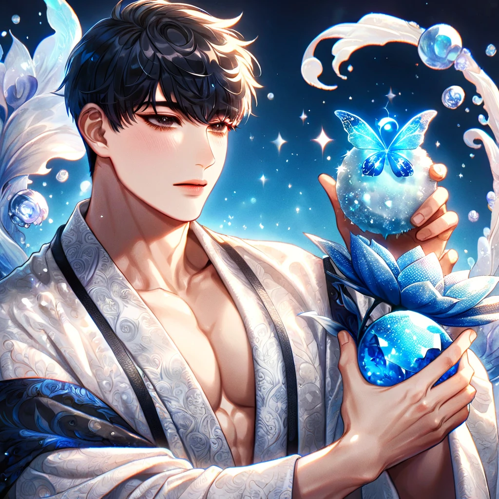 (absurdres, highres, ultra detailed, HDR) master piece, best quality, Kim Dokja, black hair, expressive brown eyes, omniscient reader's viewpoint, solo, sexy man, carrying a white dragon, handsome, toned chest, black haori, white kimono with accessories, jewelry, patterns, magical fantasy, blue butterflies, glittering, sparkling, blue lilies, blue petals, radiant, blue background with gemstones