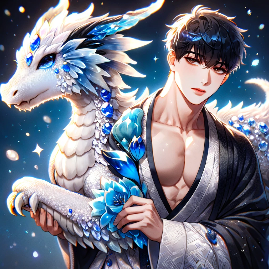(absurdres, highres, ultra detailed, HDR) master piece, best quality, Kim Dokja, black hair, expressive brown eyes, omniscient reader's viewpoint, solo, sexy man, carrying a white dragon, handsome, toned chest, black haori, white kimono with accessories, jewelry, patterns, magical fantasy, blue butterflies, glittering, sparkling, blue lilies, blue petals, radiant, blue background with gemstones