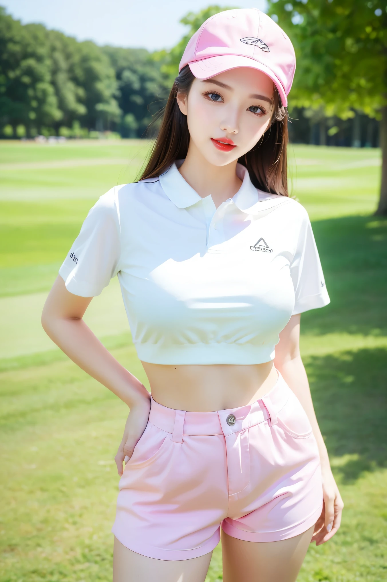 (highest quality、masterpiece、8k、Best image quality、Award-winning works)、(1 female:1.1)、(alone:1.1)、(Perfect Stylish Golf Wear:1.1)、(White and pink gradient golf wear:1.1)、(Shorts:1.1)、 (Golf Cap:1.1)、(Voluptuous body:1.2)、(Very large breasts:1.2)、(Accentuate your body lines:1.1)、(Standing Elegantly:1.1)、(Accurate anatomy:1.1)、The best smile that shows your teeth、The most natural and perfect golf course、clear, Beautiful sky、Beautiful thunderclouds、Beautiful real grass、(Very bright and vivid:1.4)、(Bright and glowing skin:1.2)、(Strongly blurred background:1.1)、Upper body photo、Very bright、Perfect Makeup、Long eyelashes、Bright lipstick、Glossy lips、Ultra HD glossy skin、(Ultra-high resolution, bright and beautiful skin:1.4)、超高精細のGlossy lips、Ultra-high resolution beautiful teeth