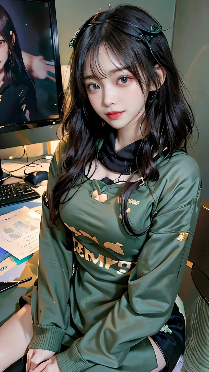 /imagine a beautiful anime girl live streaming from her cozy room, with long black hair, sparkling green eyes, wearing a stylish and cute hoodie, seated in a gaming chair in front of a high-end computer setup with vibrant RGB lighting, surrounded by adorable plushies and colorful posters on the walls, smiling warmly and interacting enthusiastically with her viewers

