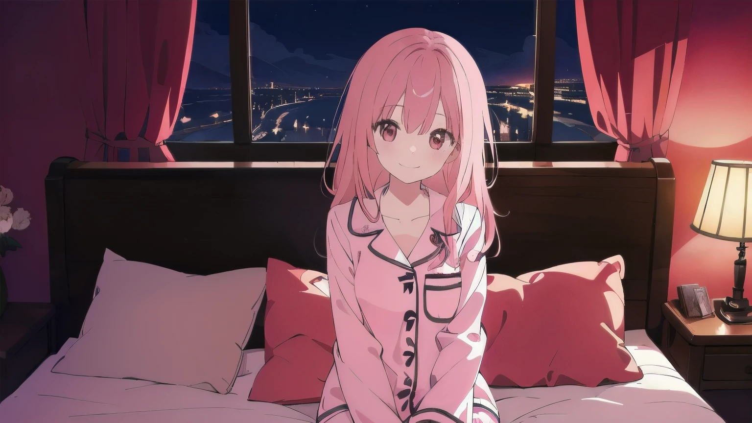 Very detailed, Detailed Background,　(highest quality, masterpiece, High resolution), One girl, smile,　 Mid-chest, Pink Hair,  Upper Body, pajamas,　long hair、　(night:1.4)、　Dimly lit room