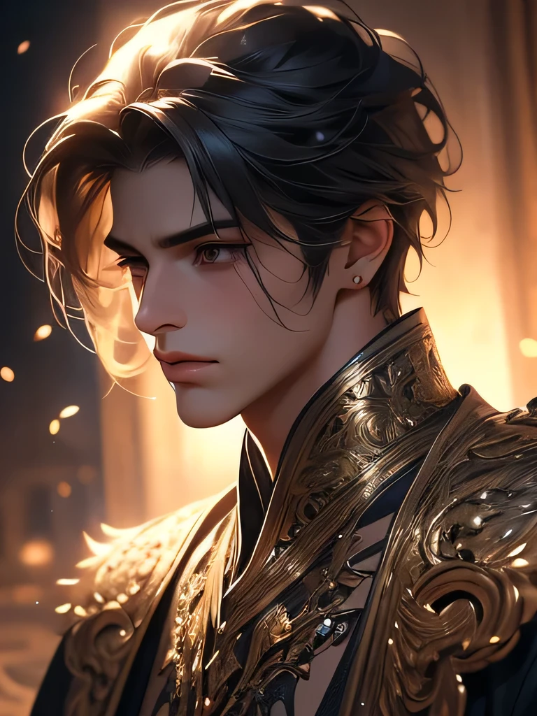 A male character with absolute condition, realistic human body, beautiful detailed eyes, beautiful detailed lips, extremely detailed face, long eyelashes, serene expression, elegant pose, intricate clothing, photo-realistic, 8k, award winning digital art, cinematic lighting, vibrant color palette, dramatic lighting, fantasy