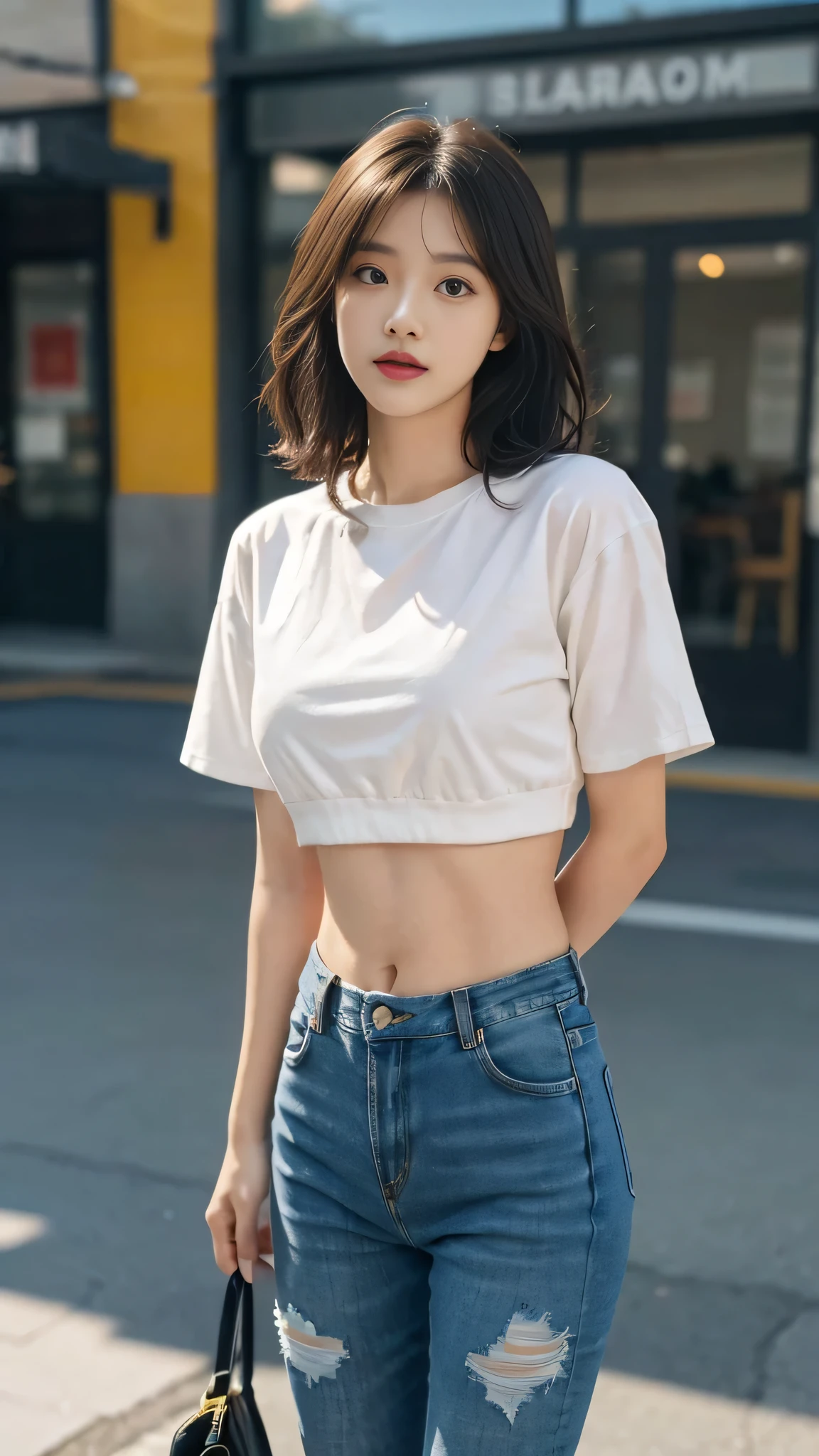 masterpiece, top-quality, 1 beautiful girl, a white cap, (Detailed beautiful eyes), ((Detailed skin)) , ((Detailed medium hair)), A beautiful girl in crop top and ripped jeans oversize, colorfull, RAW photos, Camera angle behind, CG rendering, Blurred background, deep shadow, 16K, bokered, Very detailed, wallpaper, depth of field, movie light,, Ray tracing.