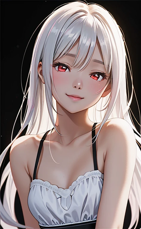 (Photorealistic:1.4)、asuna,(masterpiece、lens flare:1.5、spot light:1.2、Exquisite beautiful eyeonochrome:1.5,portlate、)、Cute Face、 3D Face、(white hair:1.5、Straight Hair)、(1 Girl)、(Red eyes:1.2)、(upper body)、(Sundress)、 (Cute face:1.2),(light smile:1.2),(half closed eyes:1.5),kind face,(Small breasts),(black background:1.5)、(glowing eyes:1.3)、()、 Neat and clean、Adorable、Slim Body(Tareme:1.5),Shiny Hair、(Glowing pink Skin)、Nijisketch,Manga,zydG